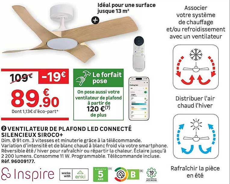 VENTILATEUR DE PLAFOND LED CONNECTÉ SILENCIEUX SIROCO+