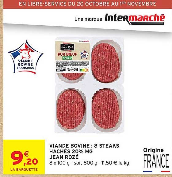 VIANDE BOVINE : 8 STEAKS HACHÉS 20% MG JEAN ROZÉ