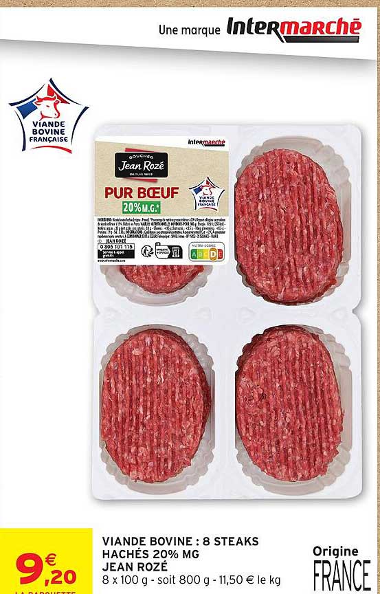 VIANDE BOVINE : 8 STEAKS HACHÉS 20% MG JEAN ROZÉ