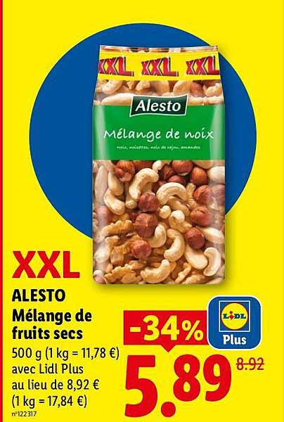 XXL ALESTO Mélange de fruits secs 500 g (1 kg = 11,78 €) avec Lidl Plus au lieu de 8,92 € (1 kg = 17,84 €)