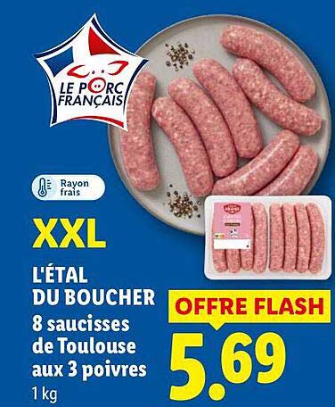 XXL L'ÉTAL DU BOUCHER 8 saucisses de Toulouse aux 3 poivres 1 kg OFFRE FLASH