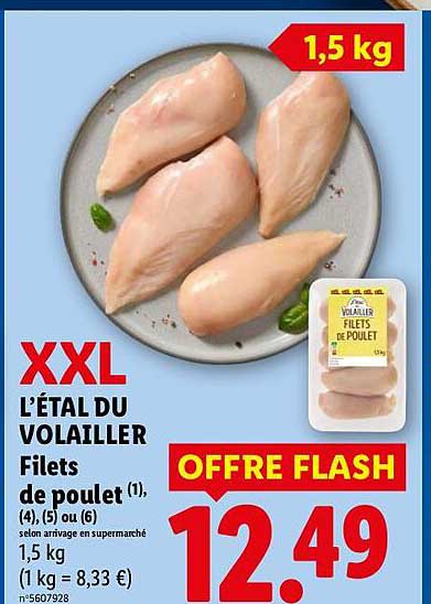 XXL L’ÉTAL DU VOLAILLER Filets de poulet (1), (4), (5) ou (6) selon arrivage en supermarché 1,5 kg (1 kg = 8,33 €)