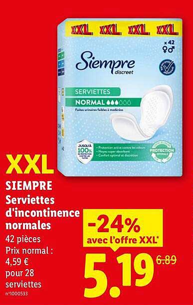 XXL SIEMPRE Serviettes d'incontinence normales 42 pièces