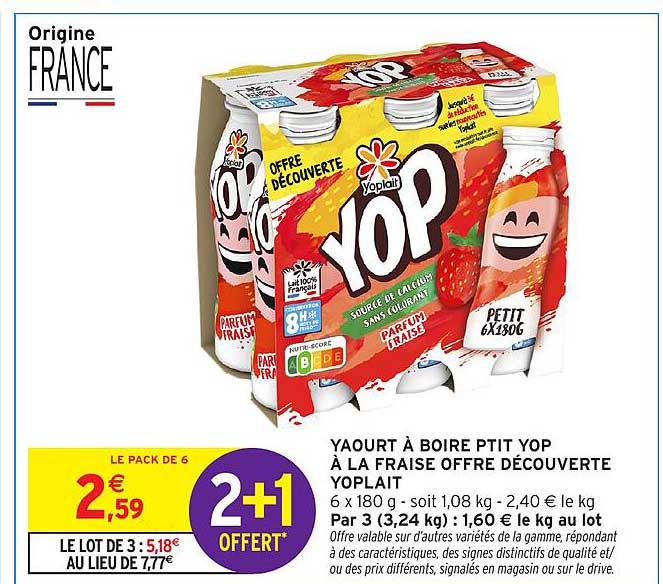 YAOURT À BOIRE P’TIT YOP À LA FRAISE OFFRE DÉCOUVERTE YOPLAIT