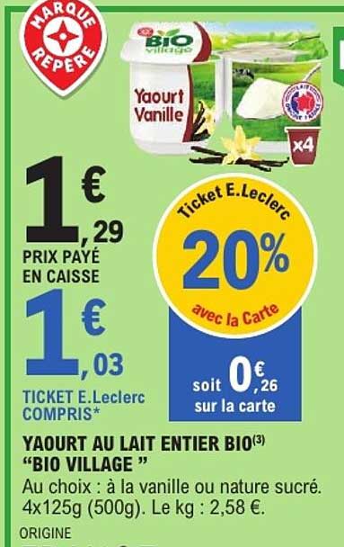 YAOURT AU LAIT ENTIER BIO “BIO VILLAGE”