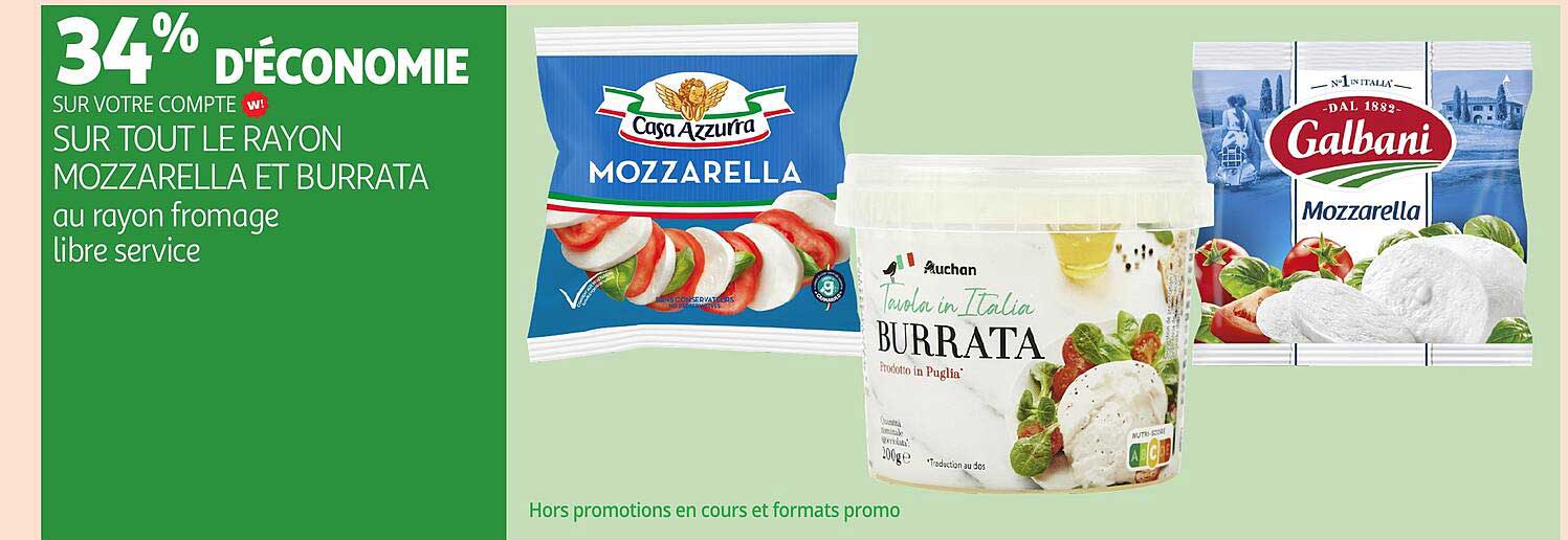 34% D'ÉCONOMIE SUR VOTRE COMPTE SUR TOUT LE RAYON MOZZARELLA ET BURRATA