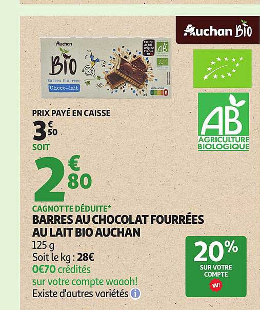 BARRES AU CHOCOLAT FOURRÉES AU LAIT BIO AUCHAN