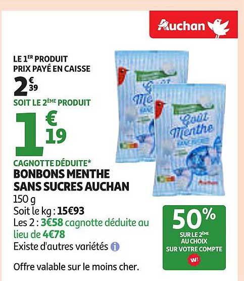 BONBONS MENTHE SANS SUCRES AUCHAN