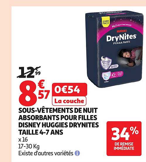 SOUS-VÊTEMENTS DE NUIT ABSORBANTS POUR FILLES DISNEY HUGGIES DRYNITES TAILLE 4-7 ANS