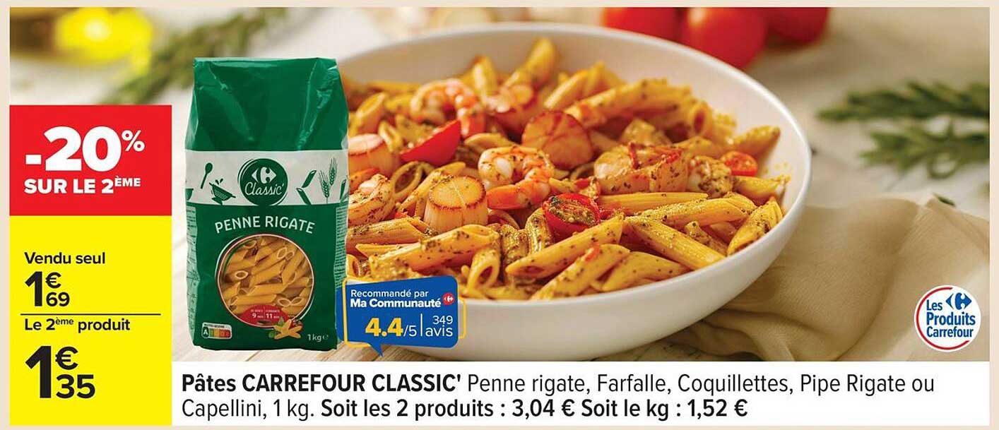 Pâtes CARREFOUR CLASSIC' Penne rigate, Farfalle, Coquillettes, Pipe Rigate ou Capellini, 1 kg.