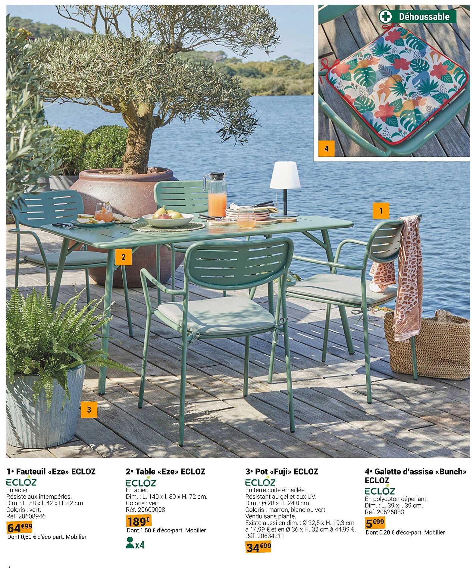 1* Fauteuil «Eze» ECLOZ  
2* Table «Eze» ECLOZ  
3* Pot «Fuji» ECLOZ  
4* Galette d’assise «Bunch» ECLOZ  