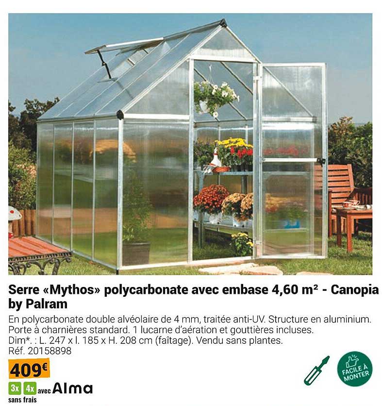 Serre «Mythos» polycarbonate avec embase 4,60 m² - Canopia by Palram
