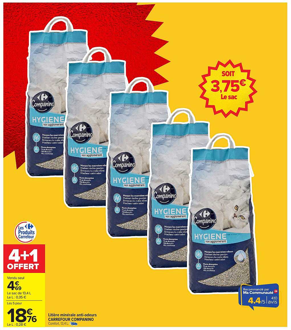 4+1 offert sur la litière minérale anti-odeurs Carrefour Companino