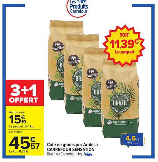 Café en grains pur Arabica CARREFOUR SENSATION
