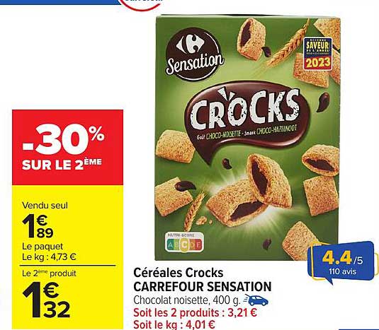 Céréales Crocks CARREFOUR SENSATION Chocolat noisette, 400 g.