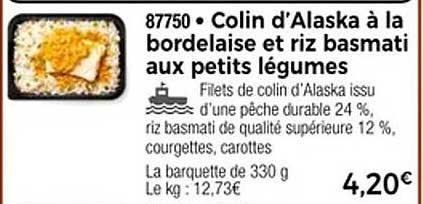 Colin d'Alaska à la bordelaise et riz basmati aux petits légumes
