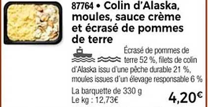 Colin d’Alaska, moules, sauce crème et écrasé de pommes de terre