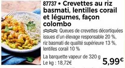 Crevettes au riz basmati, lentilles coral et légumes, façon colombo
