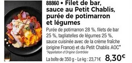 Filet de bar, sauce au Petit Chablis, purée de potimarron et légumes