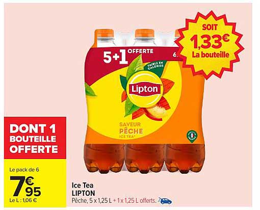 Ice Tea LIPTON Saveur Pêche, Pack de 6 - 1 Bouteille Offerte