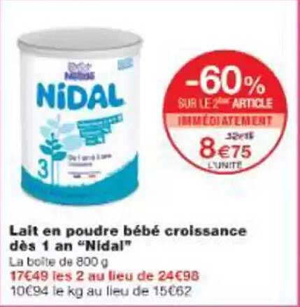 Lait en poudre bébé croissance dès 1 an "Nidal"