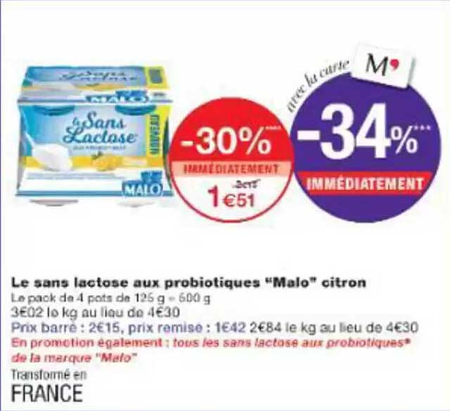 Le sans lactose aux probiotiques "Malo" citron