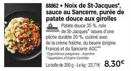Noix de St-Jacques*, sauce au Sancerre, purée de patate douce aux girolles