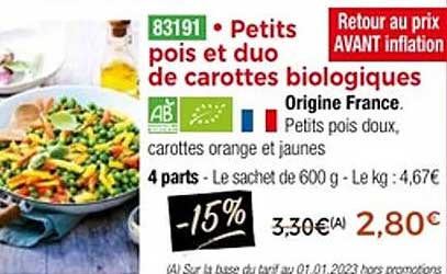 Petits pois et duo de carottes biologiques
