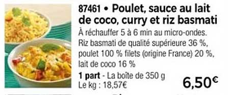 Poulet, sauce au lait de coco, curry et riz basmati