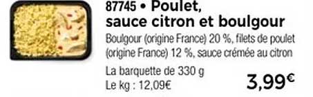 Poulet, sauce citron et boulgour