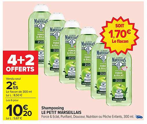 Shampooing LE PETIT MARSEILLAIS Force & Éclat, Purifiant, Douceur, Nutrition ou Pêche Enfants, 300 ml.