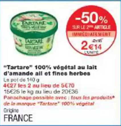 "Tartare" 100% végétal au lait d’amande ail et fines herbes