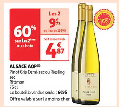 Alsace AOP Pinot Gris Demi-sec ou Riesling sec - 60% sur la 2ème au choix