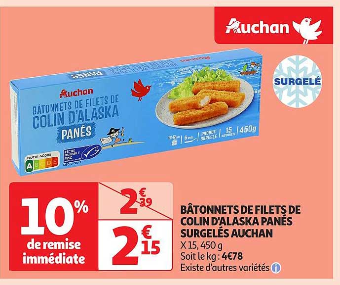 Bâtonnets de filets de Colin d'Alaska panés surgelés Auchan
