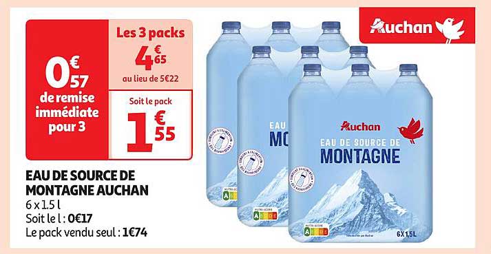 EAU DE SOURCE DE MONTAGNE AUCHAN 6 x 1.5L