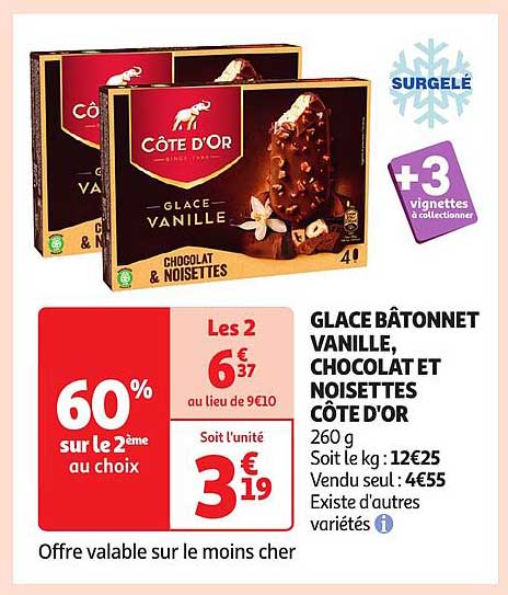 GLACE BÂTONNET VANILLE, CHOCOLAT ET NOISETTES CÔTÉ D'OR