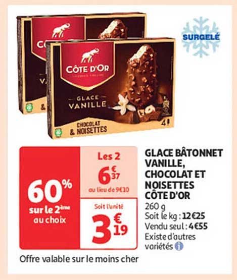 GLACE BÂTONNET VANILLE, CHOCOLAT ET NOISETTES CÔTE D'OR