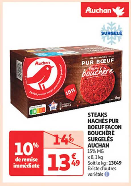 STEAKS HACHÉS PUR BŒUF FAÇON BOUCHÈRE SURGELÉS AUCHAN
