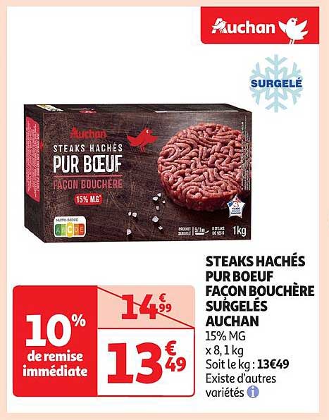 STEAKS HACHÉS PUR BOEUF FAÇON BOUCHÈRE SURGELÉS AUCHAN