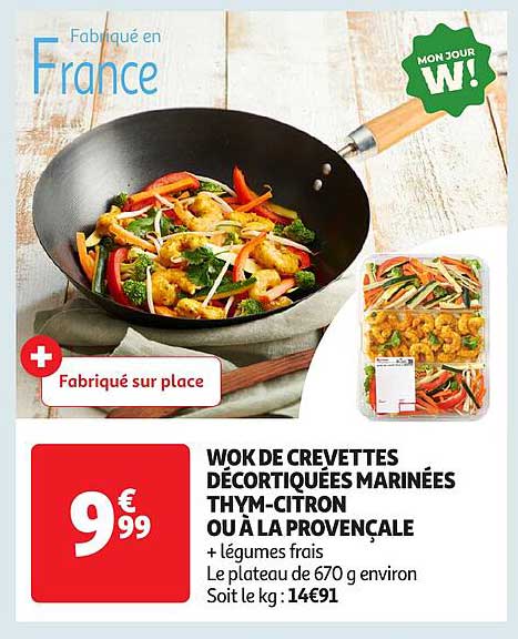 Wok de crevettes décortiquées marinées thym-citron ou à la provençale