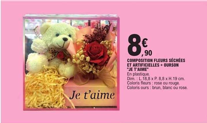 COMPOSITION FLEURS SÉCHÉES ET ARTIFICIELLES + OURSON "JE T'AIME"