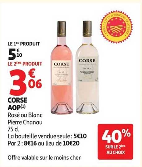 LE 1ER PRODUIT 5€10 LE 2ÈME PRODUIT 3€06 CORSE AOP(1) Rosé ou Blanc Pierre Chanau 75 cl