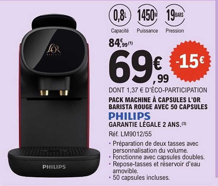 PACK MACHINE À CAPSULES L'OR BARISTA ROUGE AVEC 50 CAPSULES PHILIPS