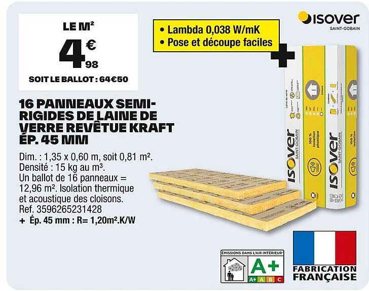 16 Panneaux semi-rigides de laine de verre revêtue Kraft ép. 45 mm