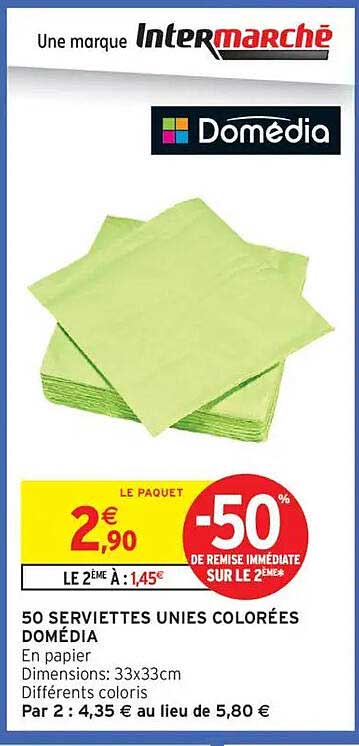 50 SERVIETTES UNIES COLORÉES DOMÉDIA