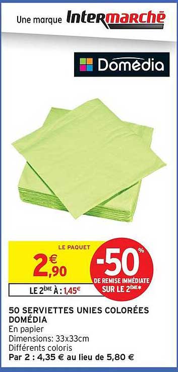 50 SERVIETTES UNIES COLOREES DOMEDIA