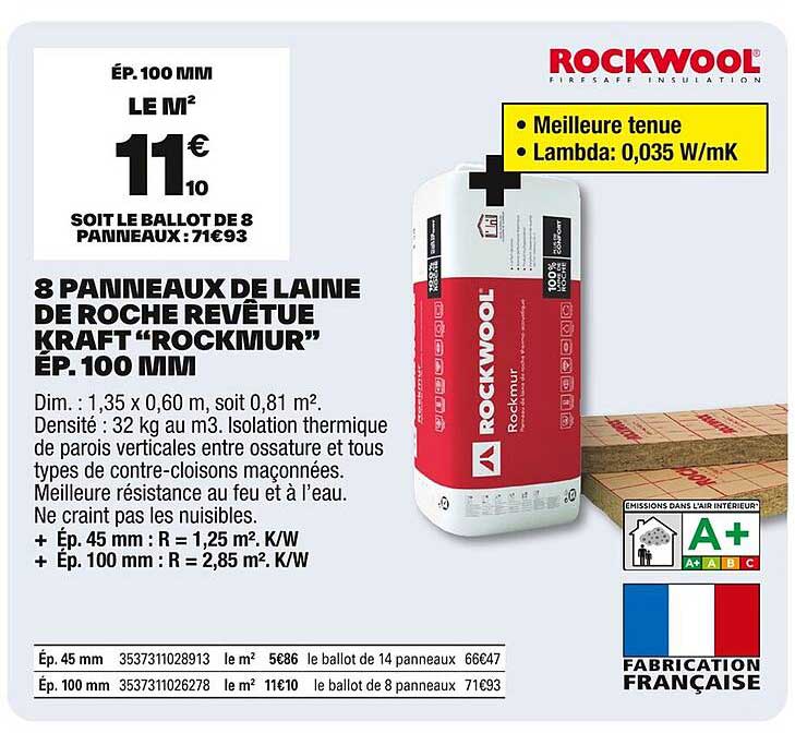 8 panneaux de laine de roche revêtue Kraft “Rockmur” Ép. 100 mm