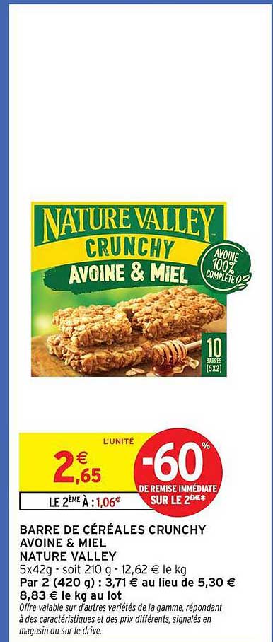 BARRE DE CÉRÉALES CRUNCHY AVOINE & MIEL NATURE VALLEY