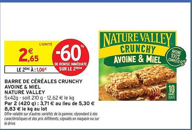 BARRE DE CÉRÉALES CRUNCHY AVOINE & MIEL NATURE VALLEY