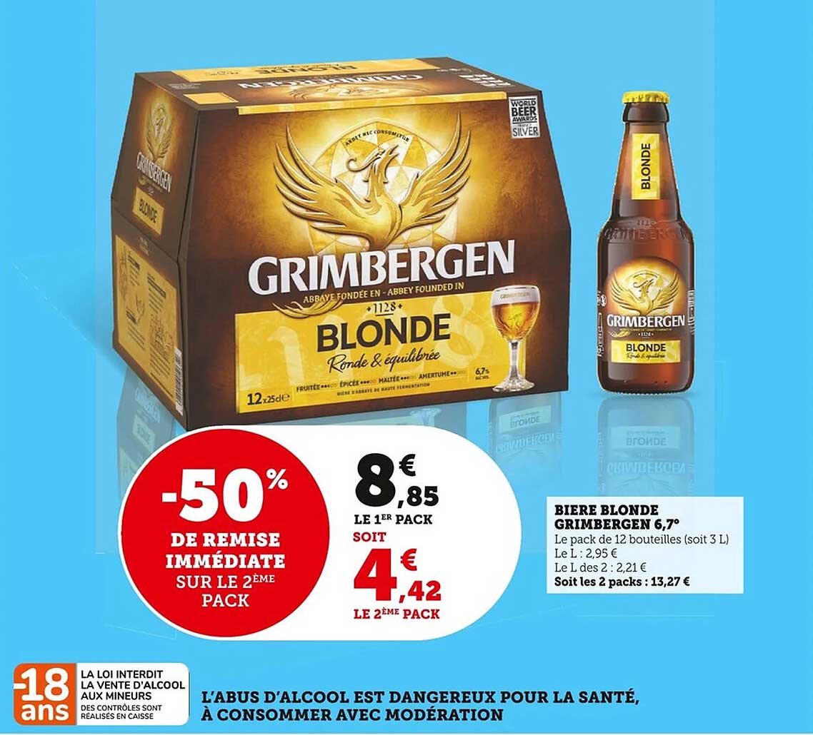Bière Blonde Grimbergen 6,7° - 50% de remise immédiate sur le 2ème pack